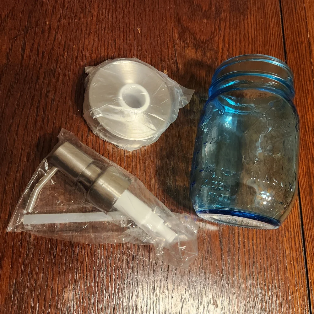 Blue Mason Jar Soap Dispenser With New Dispenser Kit And Two Labels